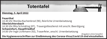 Anzeige von Totentafel vom 05.04.2022 von MGO