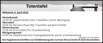 Anzeige von Totentafel vom 06.04.2022 von MGO