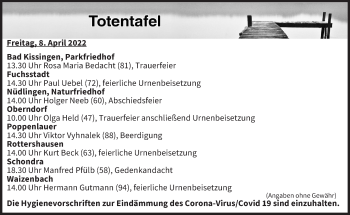 Anzeige von Totentafel vom 08.04.2022 von MGO