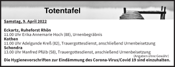 Anzeige von Totentafel vom 09.04.2022 von MGO