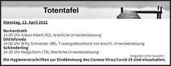 Anzeige von Totentafel vom 12.04.2022 von MGO
