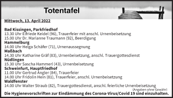 Anzeige von Totentafel vom 13.04.2022 von MGO