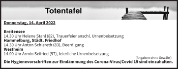 Anzeige von Totentafel vom 14.04.2022 von MGO