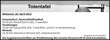 Anzeige von Totentafel vom 20.04.2022 von MGO