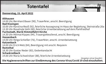 Anzeige von Totentafel vom 21.04.2022 von MGO