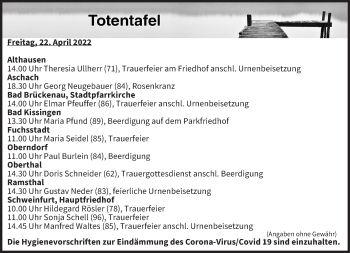 Anzeige von Totentafel vom 22.04.2022 von MGO