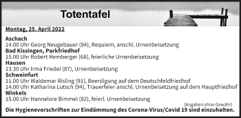 Anzeige von Totentafel vom 25.04.2022 von MGO
