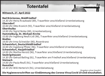 Anzeige von Totentafel vom 27.04.2022 von MGO