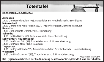 Anzeige von Totentafel vom 28.04.2022 von MGO