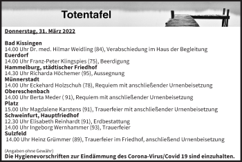 Anzeige von Totentafel vom 31.03.2022 von MGO