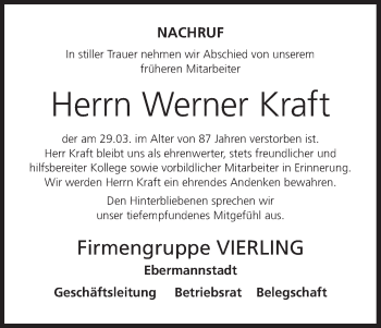 Anzeige von Werner Kraft von MGO
