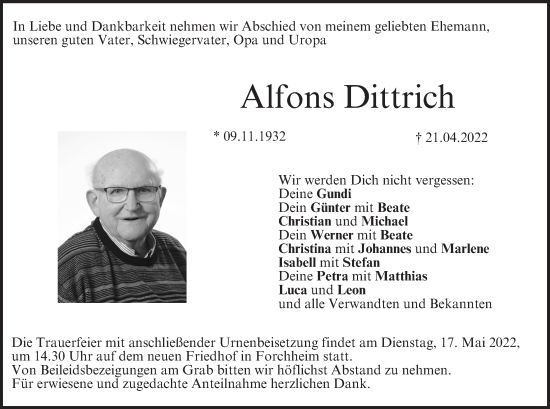 Anzeige von Alfons Dittrich von MGO