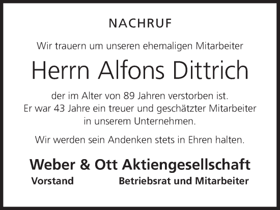 Anzeige von Alfons Dittrich von MGO