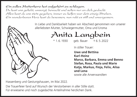 Anzeige von Anita Langbein von MGO