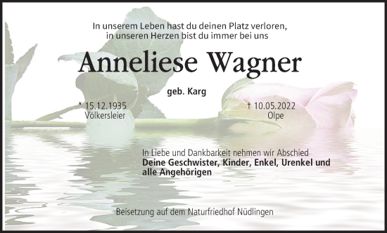 Anzeige von Anneliese Wagner von MGO