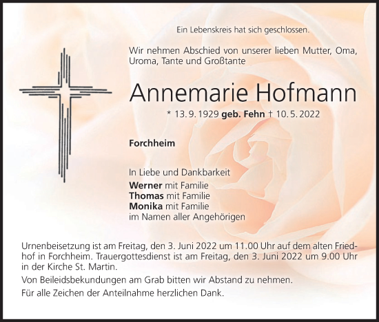 Anzeige von Annemarie Hofmann von MGO
