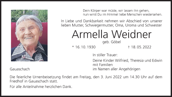 Anzeige von Armella Weidner von MGO