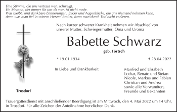Anzeige von Babette Schwarz von MGO