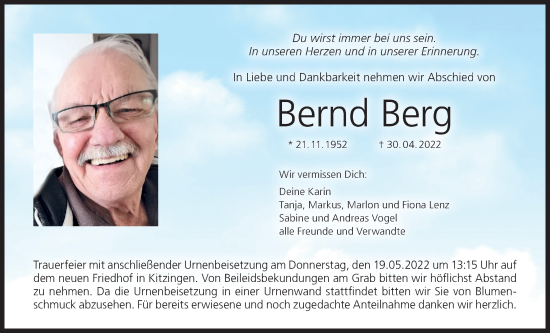 Anzeige von Bernd Berg von MGO