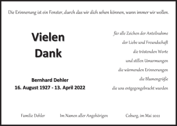 Anzeige von Bernhard Dehler von MGO