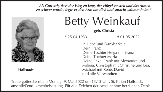 Anzeige von Betty Weinkauf von MGO