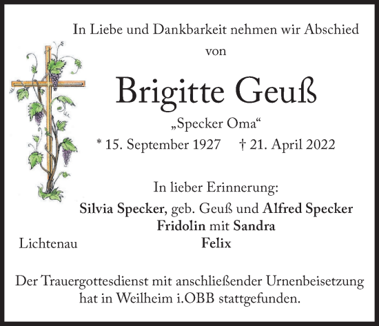 Anzeige von Brigitte Geuß von MGO