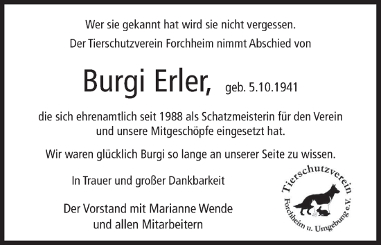 Anzeige von Burgi Erler von MGO
