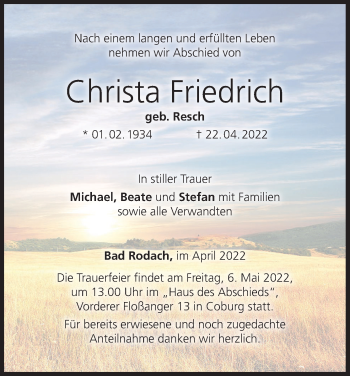 Anzeige von Christa Friedrich von MGO