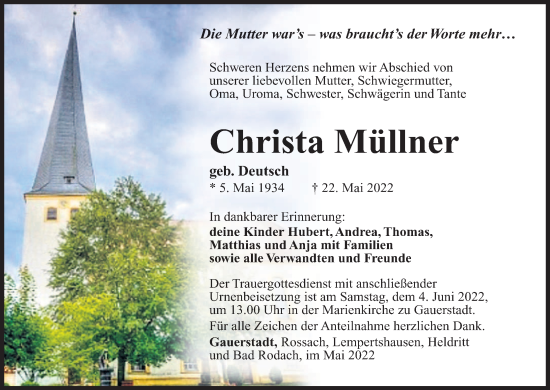 Anzeige von Christa Müllner von MGO