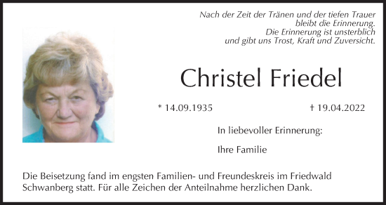 Anzeige von Christel Friedel von MGO