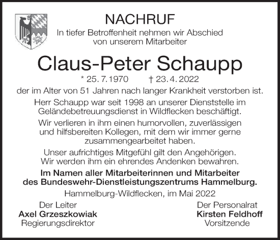 Anzeige von Claus-Peter Schaupp von MGO