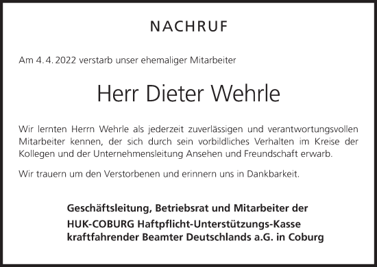 Anzeige von Dieter Wehrle von MGO