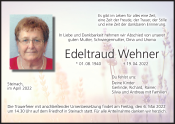 Anzeige von Edeltraud Wehner von MGO
