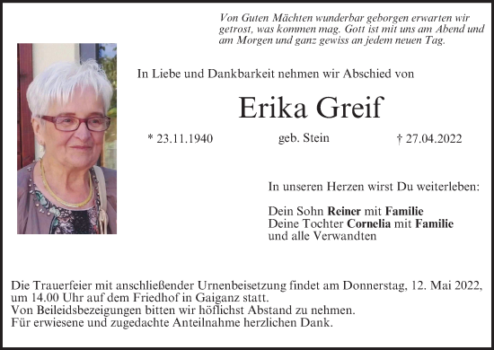 Anzeige von Erika Greif von MGO