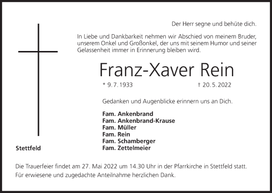 Anzeige von Franz-Xaver Rein von MGO