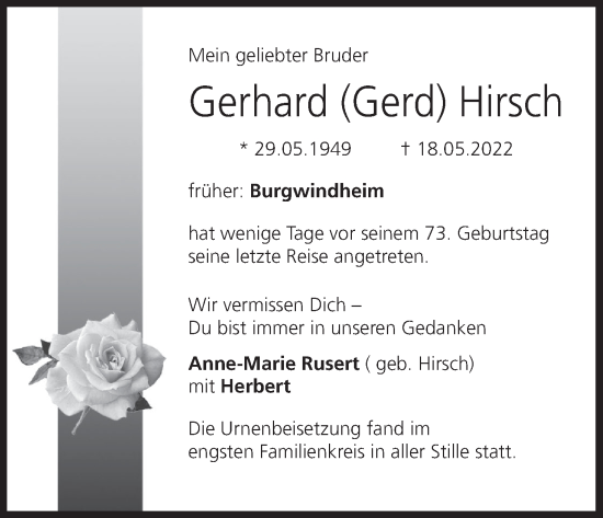 Anzeige von Gerhard Hirsch von MGO