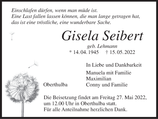 Anzeige von Gisela Seibert von MGO