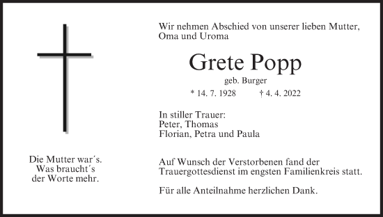 Anzeige von Grete Popp von MGO