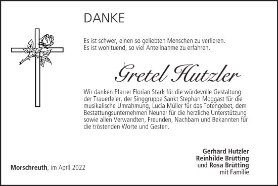 Anzeige von Gretel Hutzler von MGO