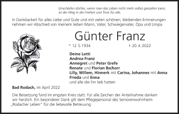 Anzeige von Günter Franz von MGO