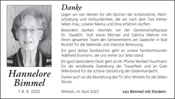 Anzeige von Hannelore Bimmel von MGO