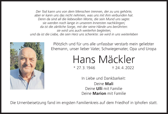 Anzeige von Hans Mäckler von MGO