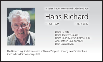 Anzeige von Hans Richard von MGO