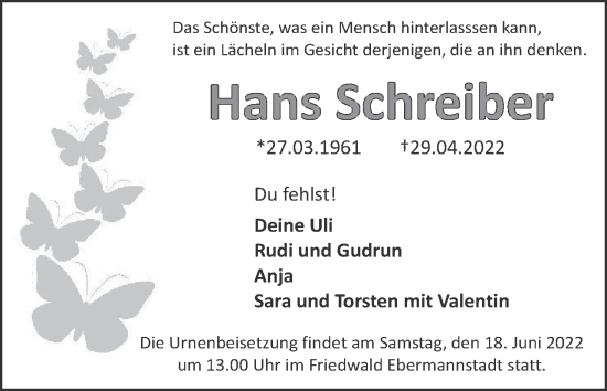 Anzeige von Hans Schreiber von MGO