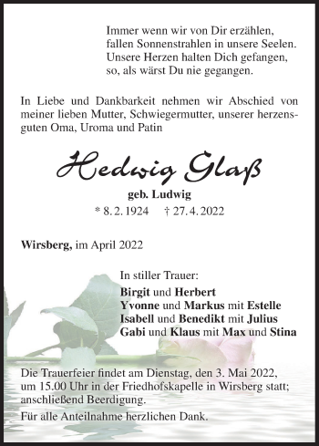 Anzeige von Hedwig Glaß von MGO