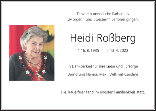Anzeige von Heidi Roßberg von MGO