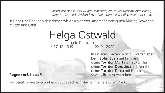 Anzeige von Helga Ostwald von MGO