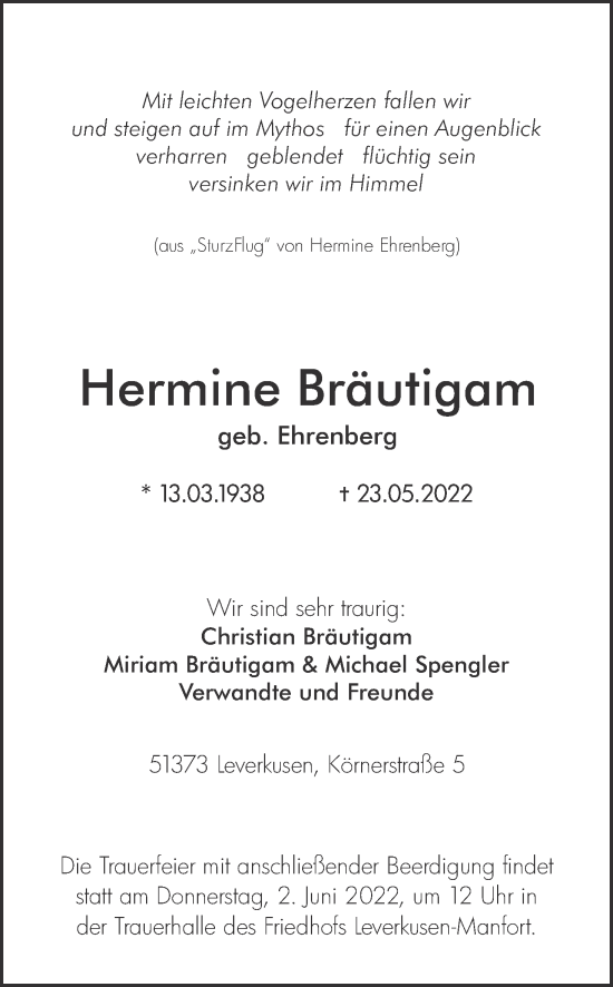 Anzeige von Hermine Bräutigam von MGO