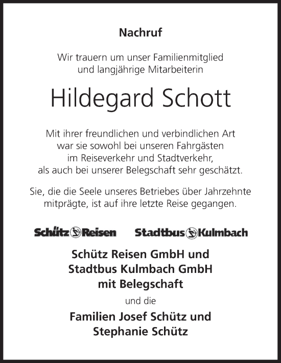 Anzeige von Hildegard Schott von MGO