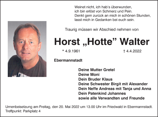 Anzeige von Horst Walter von MGO